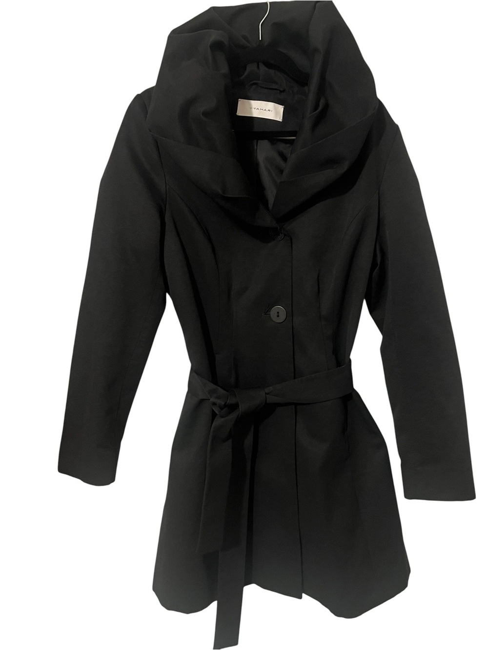 Tahari Black Belted Trench Coat S Sculptural Collar Fit Flare Quiet Luxury